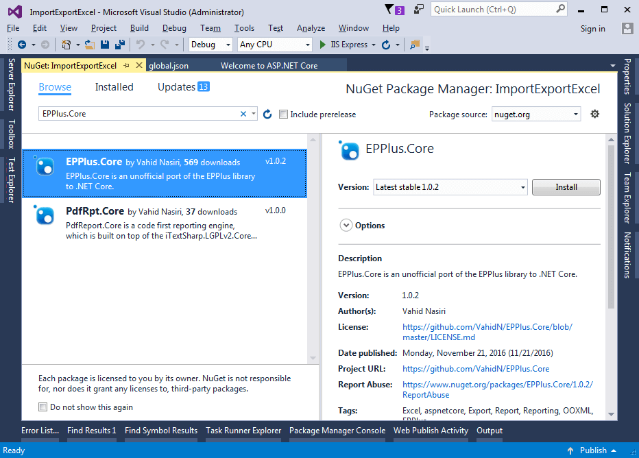 Import and Export xlsx in ASP.NET Core